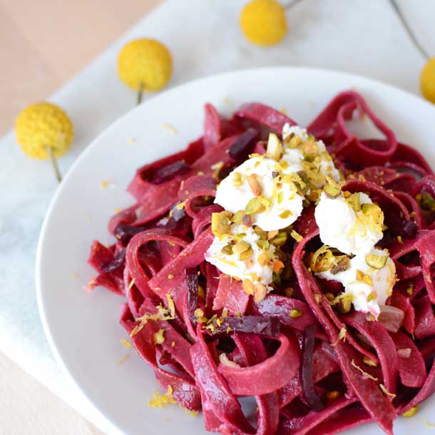 beet pasta with pistachios and shallot butter