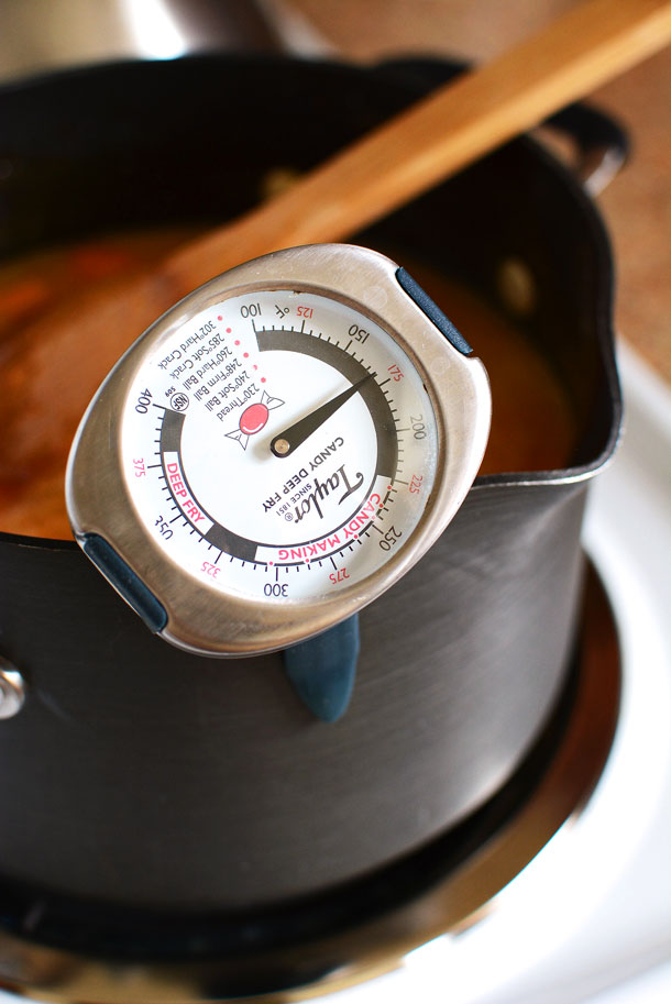 candy thermometer in apricot jam