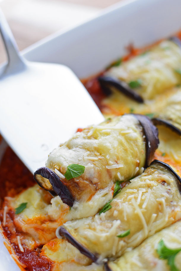 This amazing, lightened-up Italian dish combines the flavors of eggplant parmesan and stuffed shells. This recipe is one of our favorites because it's naturally lighter, yet still BURSTING with cheesy goodness!