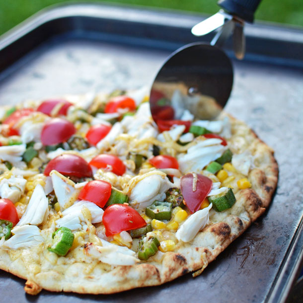 Crab, Okra, and Gouda Flatbread