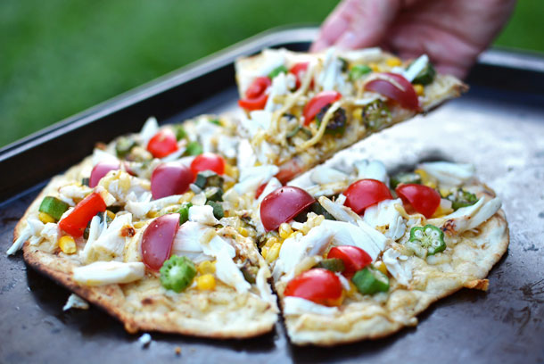 Crab, Okra, and Gouda Flatbread