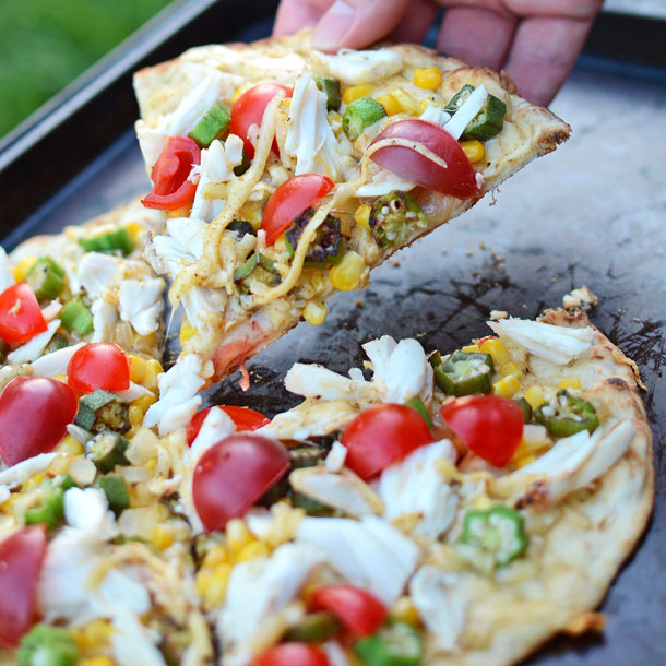 Crab, Okra, and Gouda Flatbread