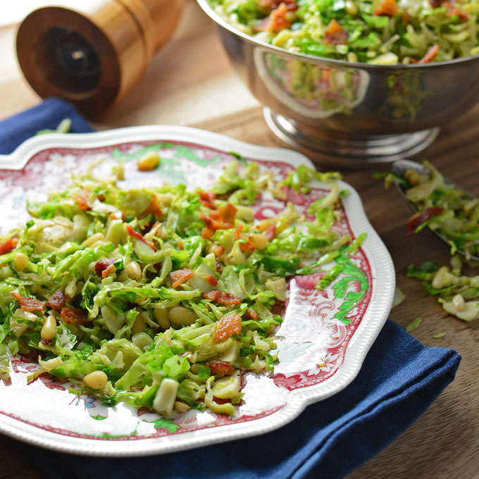 Shaved Brussels Sprouts with Bacon and Pine Nuts