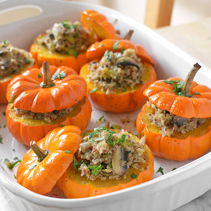 Savory Mushroom and Quinoa Stuffed Mini Pumpkins - Easy to make and deliciously sweet and savory, these adorable little stuffed pumpkins will be the hit of your next fall gathering! | SimpleSeasonal.com