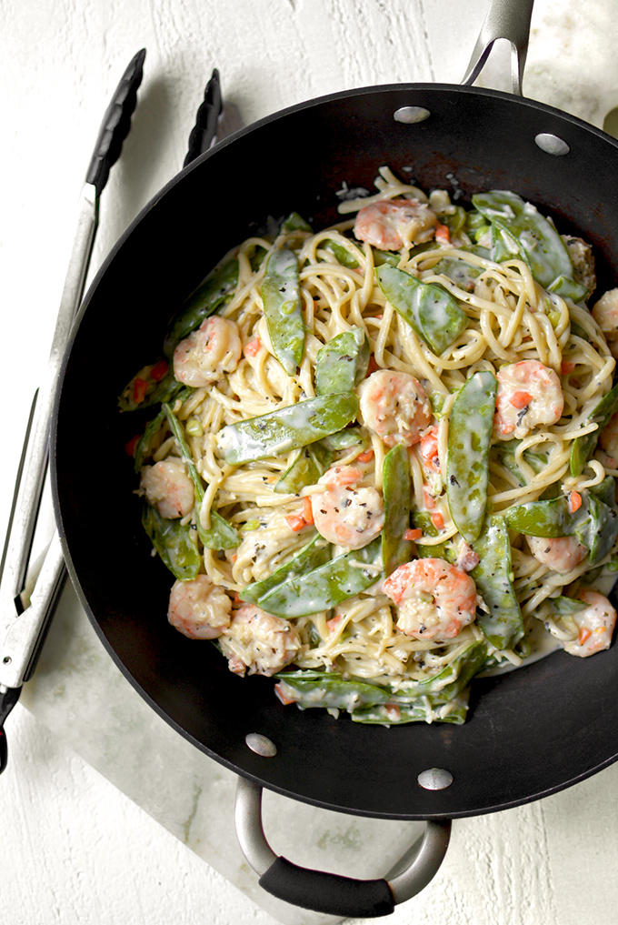 One-Pot Shrimp and Snow Pea Alfredo Pasta - Comfort food meets fresh spring veggies in this simple, creamy, and delicious Italian dinner.