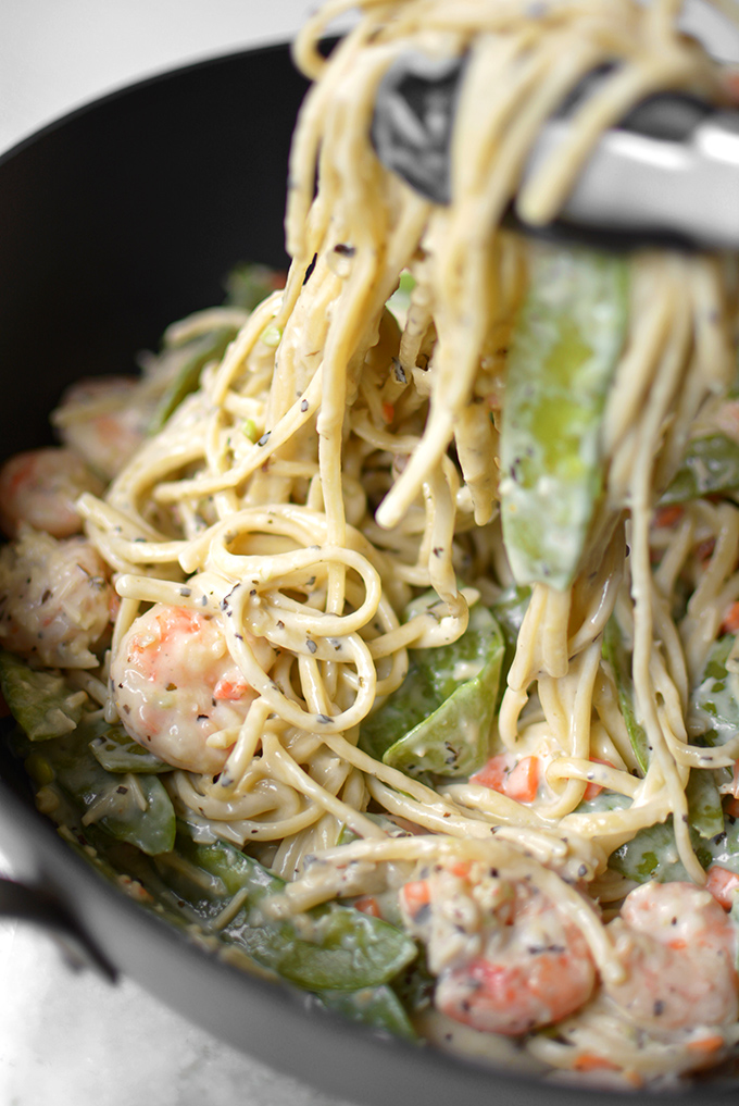 One-Pot Shrimp and Snow Pea Alfredo Pasta