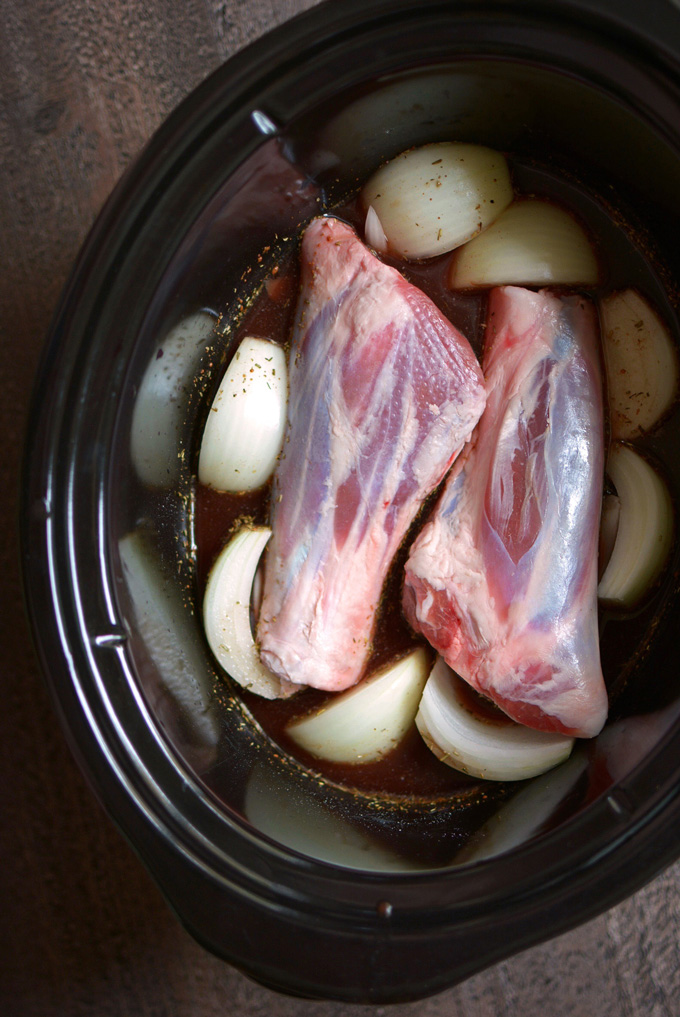 Prepping Slow Cooker Honey Balsamic Lamb Shanks