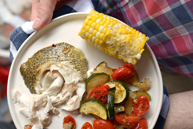 Roasted Bass and Summer Vegetables 