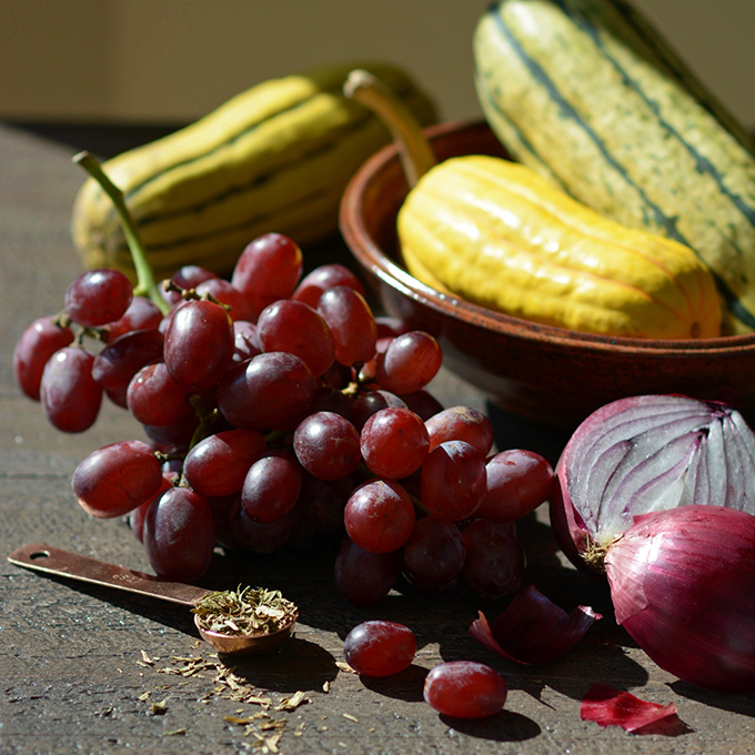 Autumn Delicata, Grapes and Red Onions