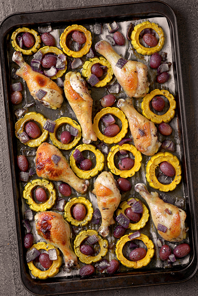 Sheet Pan Chicken Drumsticks with Delicata and Grapes