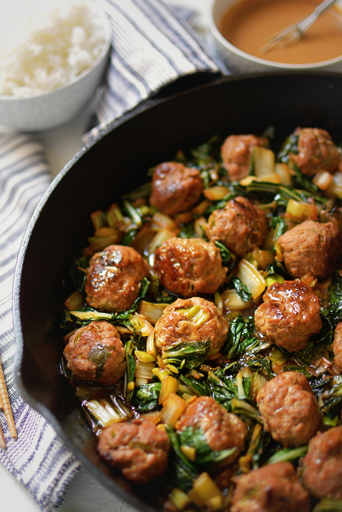 One-Pot Asian Meatballs with Bok Choy and Peanut Sauce