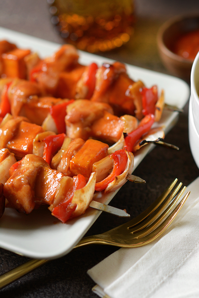 One Pan Honey Sriracha Chicken and Sweet Potato Skewers