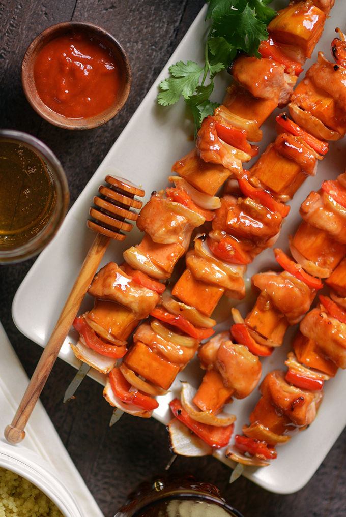 One Pan Honey Sriracha Chicken and Sweet Potato Skewers