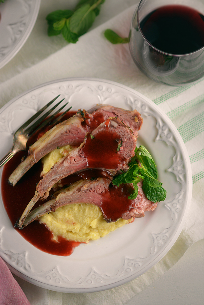 Roasted Rack of Lamb with Parsnip Puree and Strawberry Mint Sauce