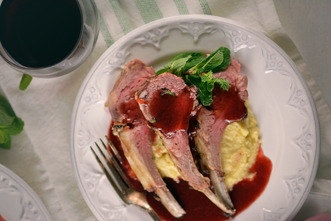 Roasted Rack of Lamb with Parsnip Puree and Strawberry Mint Sauce