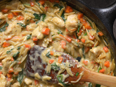 Nutritious creamy chicken orzo with carrots and spinach