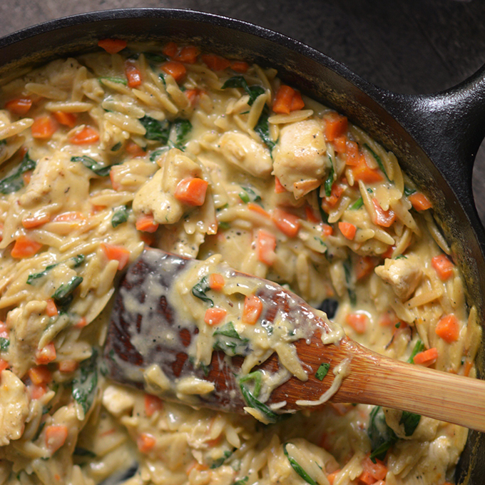 Creamy One Pot Chicken Carrot And Spinach Orzo Simple Seasonal