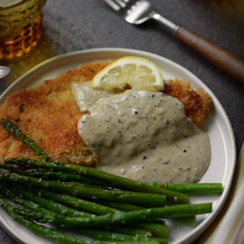 One Skillet Country Fried Tilapia with Creamy Lemon Sauce and Garlicky Asparagus