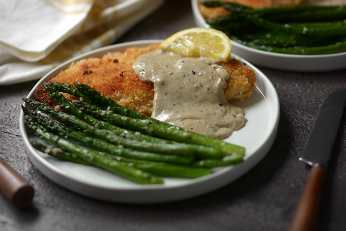 One Skillet Country Fried Tilapia with Creamy Lemon Sauce and Garlic Asparagus