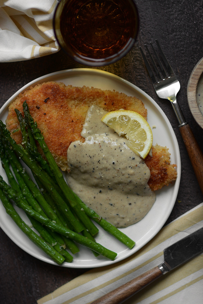 One Skillet Country Fried Tilapia with Creamy Lemon Sauce and Garlic Asparagus