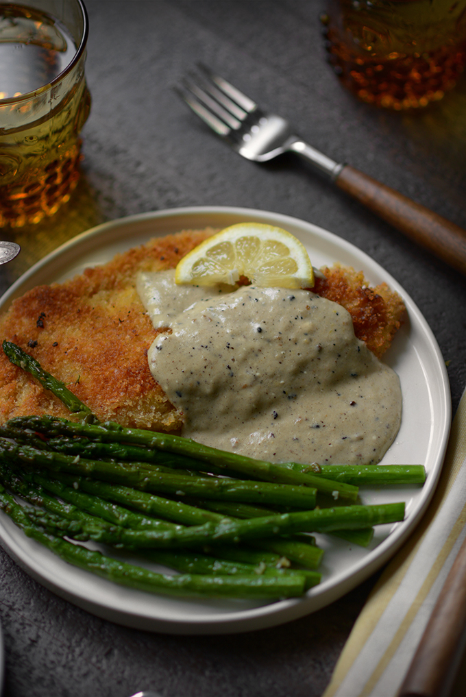 One Skillet Country Fried Tilapia With Creamy Lemon Sauce And Garlic Asparagus Simple Seasonal