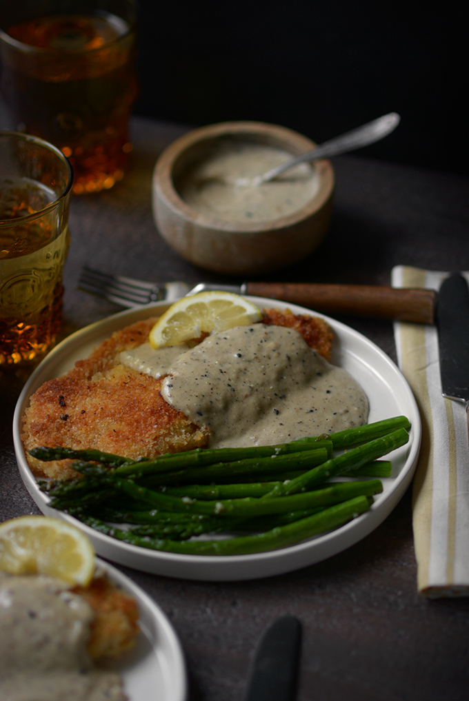 One Skillet Country Fried Tilapia with Creamy Lemon Sauce and Garlic Asparagus