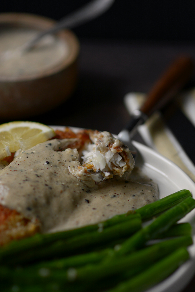 One Skillet Country Fried Tilapia with Creamy Lemon Sauce and Garlic Asparagus