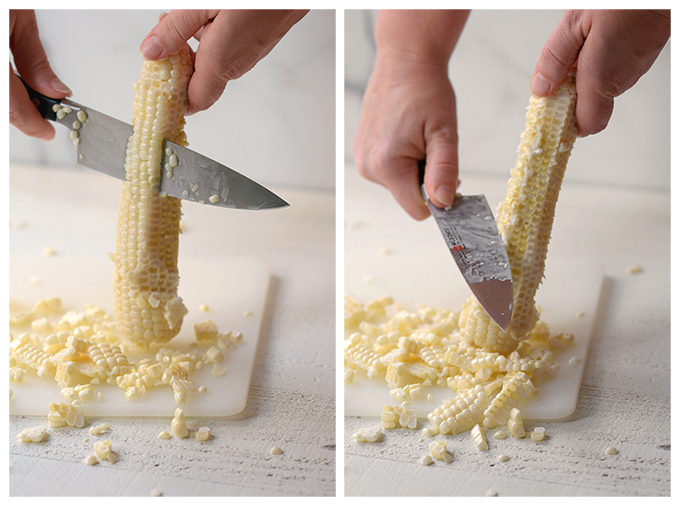 Side-by-side images of corn being cut off the cob and then scraping the cob with a knife to capture the corn milk and germ.