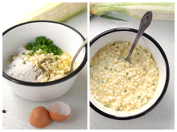 Ingredients for corn fritters with chives in a bowl, separately on the left and then stirred together on the right.
