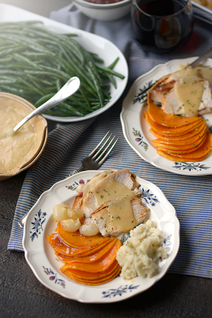 Slow Cooker Boneless Turkey Breast with Gravy on a plate