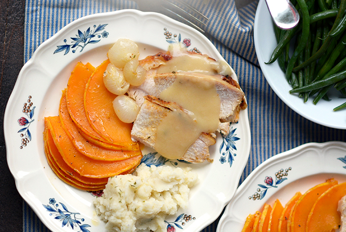 Slow Cooker Boneless Turkey Breast with Gravy on a plate