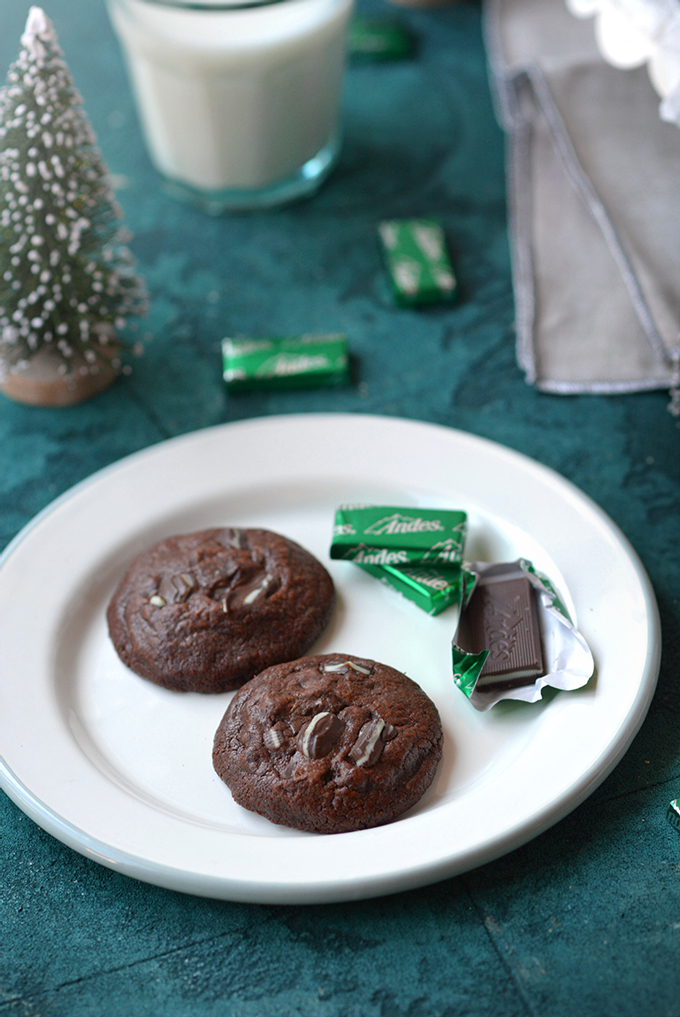 Two Triple-Chocolate Andes Mint Cookies on a plate with Andes mints