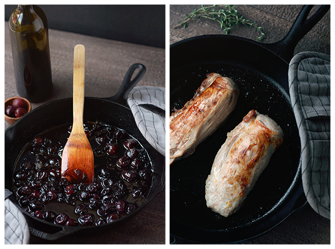 Process shots of cooking pork tenderloin and cherry sauce