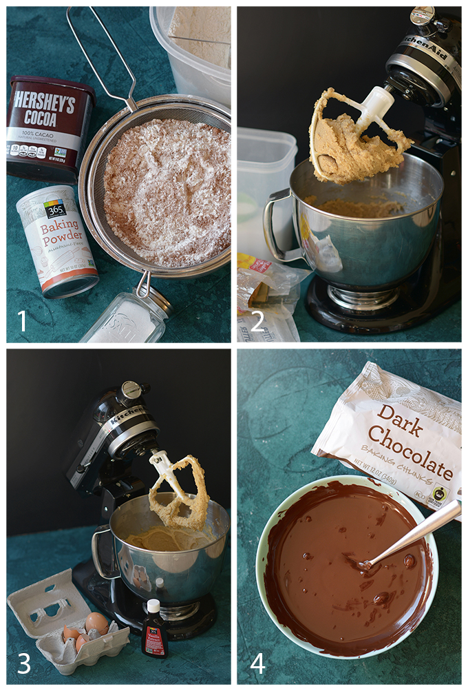 Steps 1, 2, 3, and 4 for baking Triple-Chocolate Andes Mint Cookies