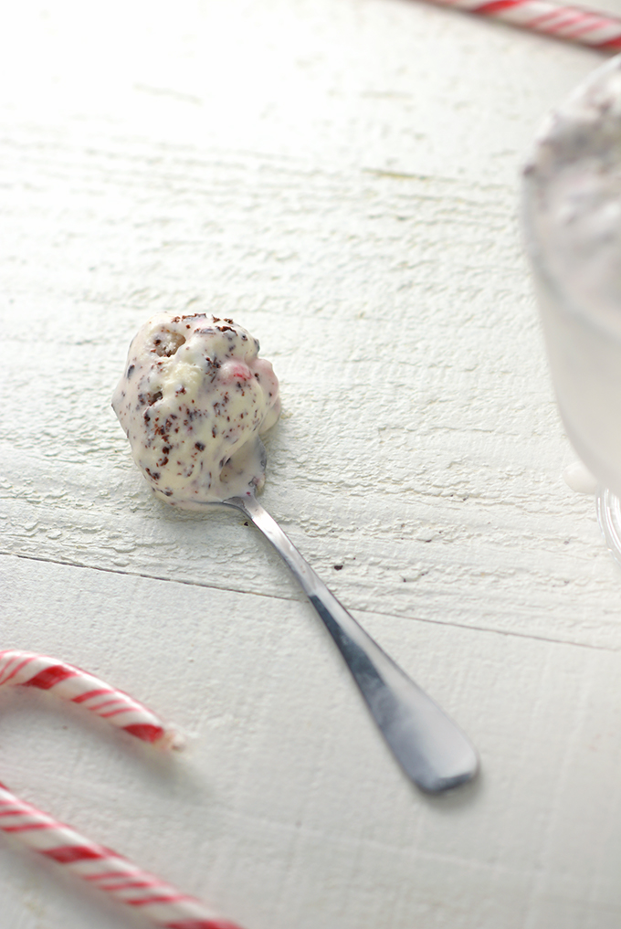 A spoon with a scoop of No-Churn Candy Cane Chocolate Chip Ice Cream
