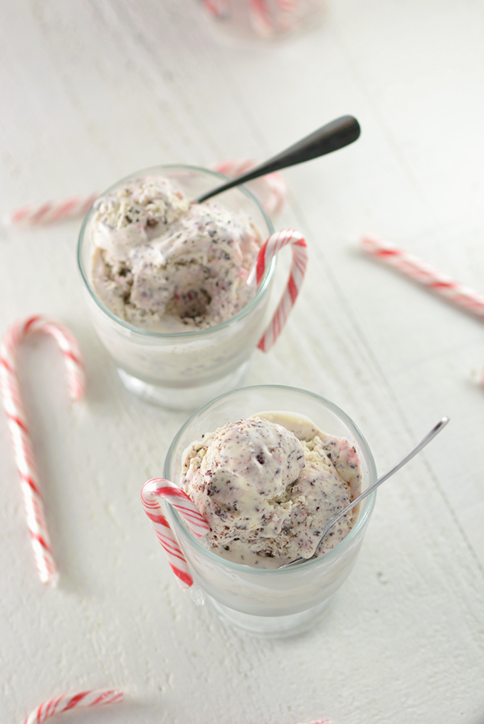Overhead shot of two bowls of No-Churn Candy Cane Chocolate Chip Ice Cream