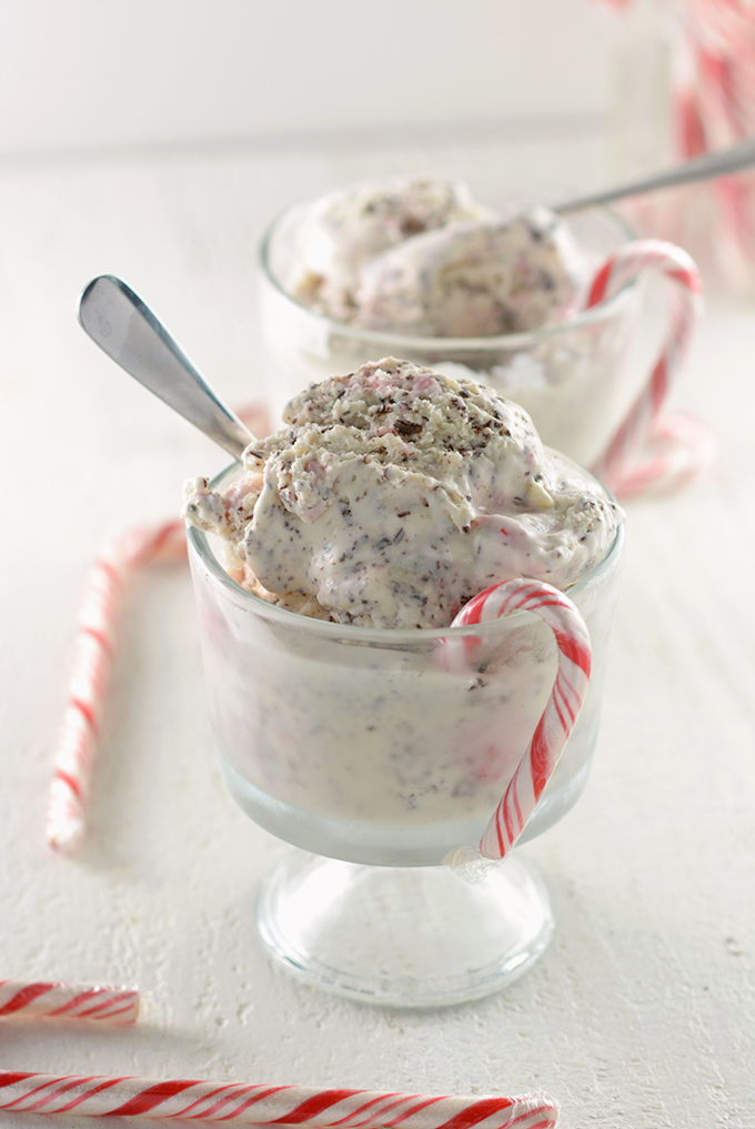 Two bowls of No-Churn Candy Cane Chocolate Chip Ice Cream