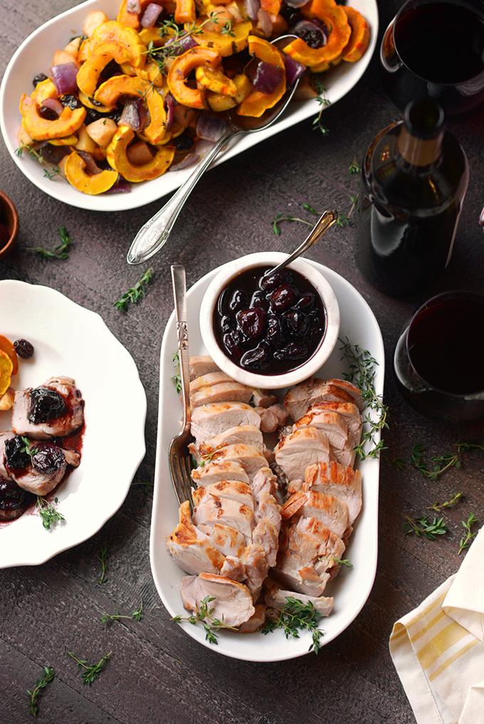 Elegant serving dish with pork tenderloin with cherry sauce