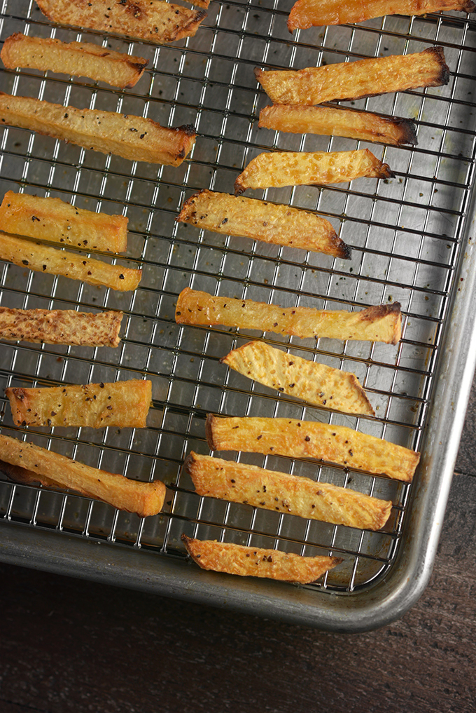 Baked Rutabaga Fries on a Baking Rack