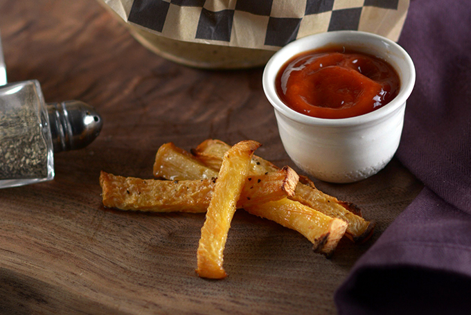 Pile of Rutabaga Fries on the Table with Ketchup