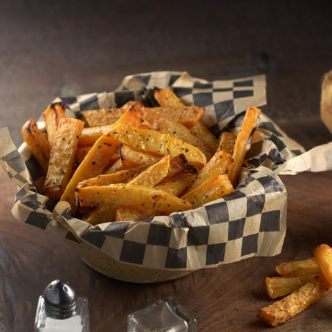 Square Picture of Baked Rutabaga Fries in a Basket