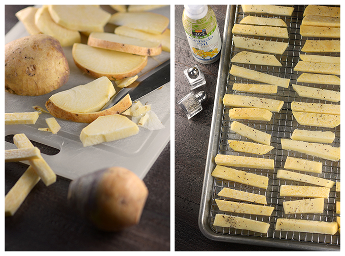 Picture of How to Cut Rutabaga Fries, and picture of Fries on Baking Rack Before Cooking