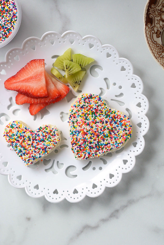 Overhead Shot of Heart Shaped Fairy Bread with Strawberries and Kiwi