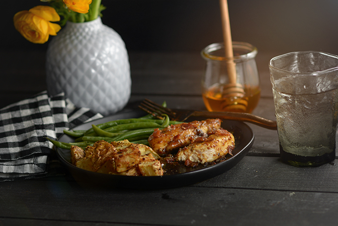 Horizontal Photo of Table Set with Honey Mustard Chicken