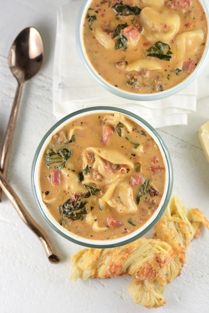 Overhead Picture of Bowl of Creamy Tortellini Soup