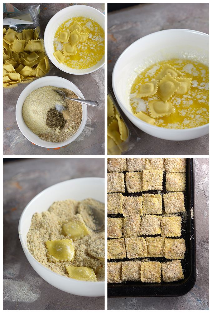 four photos showing how to make baked ravioli