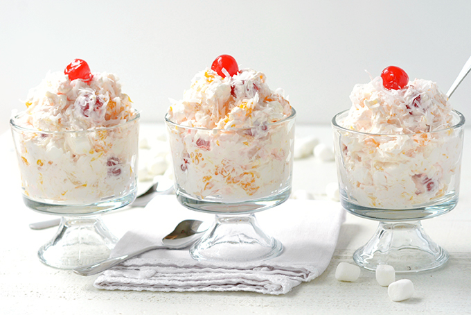 Three Trifles of Ambrosia Salad Lined Up 