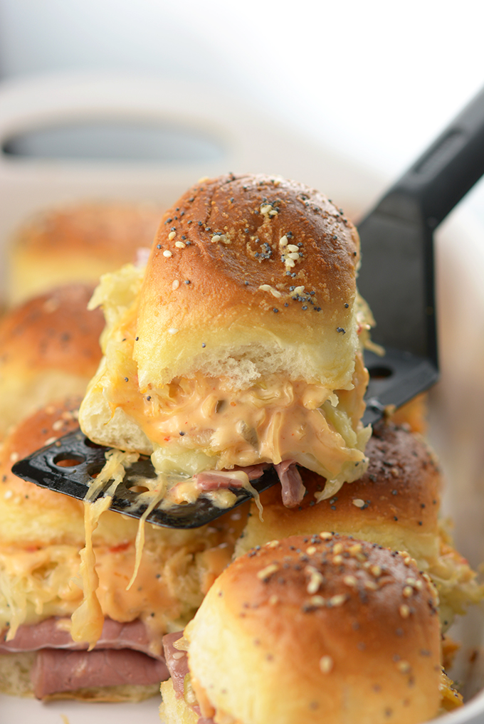 Close-up of Serving a Reuben Slider