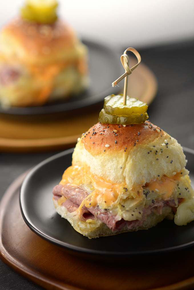 Close-up of a Reuben Slider on a Plate