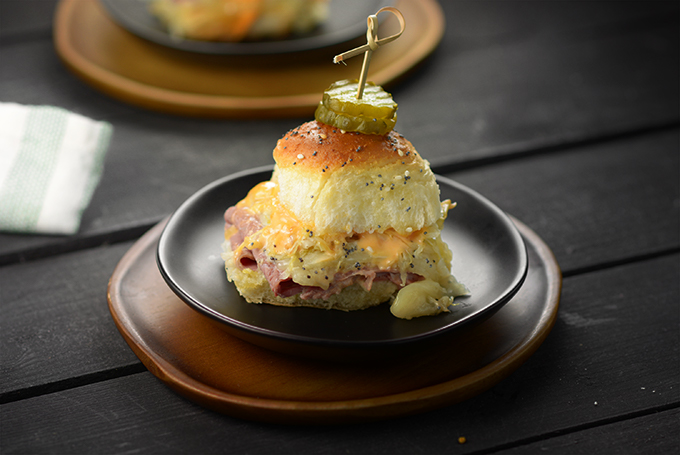 Horizontal Photo of Reuben Slider on a Plate